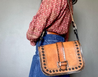 1970s tooled leather satchel bag.