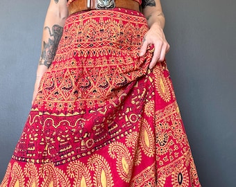 1970s Red India batik block print wrap skirt // Size S-M-L