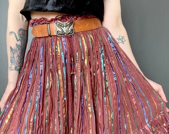 1970s brown & rainbow metallic India cotton gauze skirt //  Size S-XXL