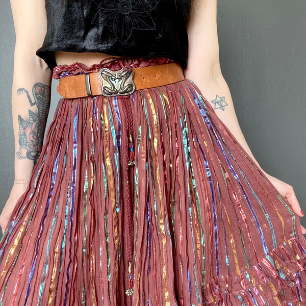 1970s brown & rainbow metallic India cotton gauze skirt //  Size S-XXL