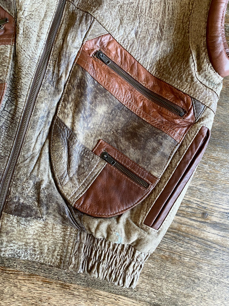 1980s Brown patchwork oversize leather vest // Size S-M 画像 7