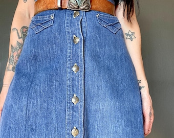 1970s button through denim skirt // Size XXS-XS