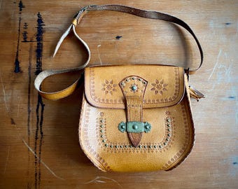 1970s tooled leather satchel bag.