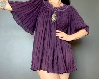 1970s purple angel sleeve gauze mini dress or top // Size S-L