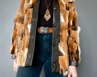 1970s Rock n' roll style patchwork fur & leather jacket // Size S