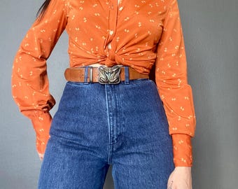 1970s orange NINA RICCI logo blouse // Size XS-S