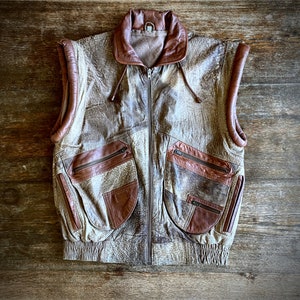 1980s Brown patchwork oversize leather vest // Size S-M 画像 6