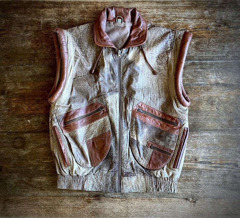 1980s Brown patchwork oversize leather vest // Size S-M 画像 6