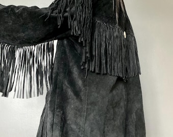 1970s fringed black suede western jacket // Size M-L