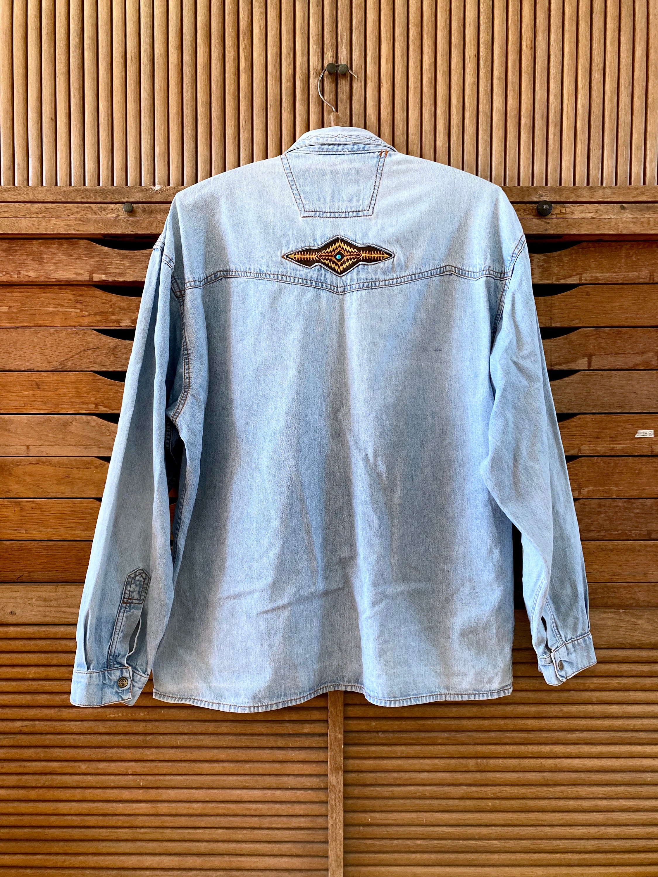 1980s Shooter denim & faux leather western shirt Size L