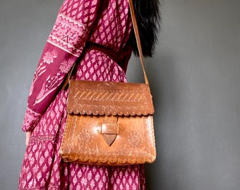 1970s tooled leather satchel bag.