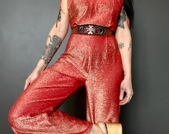 1970s coral red silver lurex disco flared jumpsuit // Size M-L