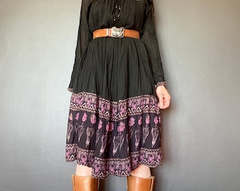 1970s Black Indian cotton gauze dress  // Size S-M
