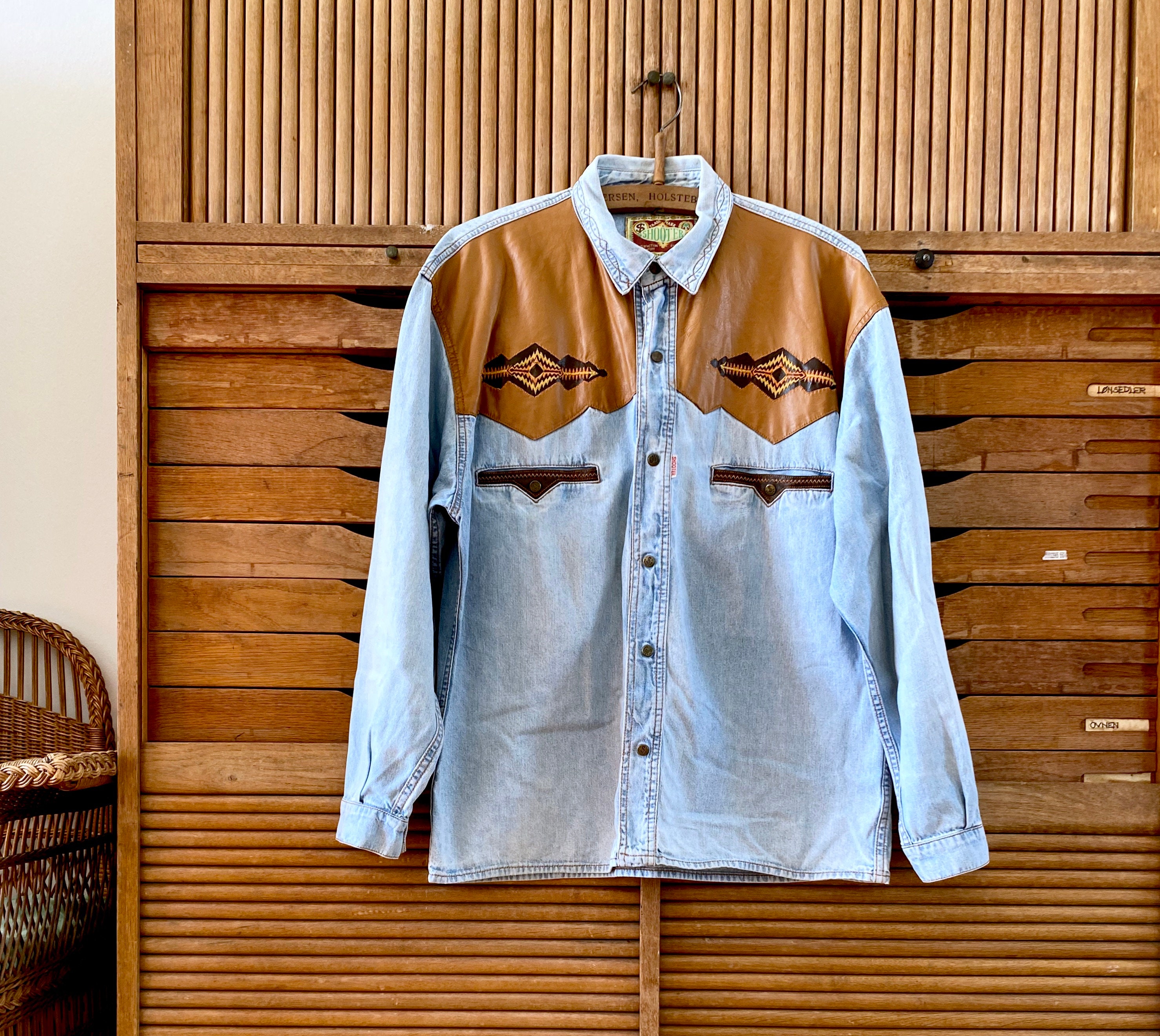 1980s Shooter denim & faux leather western shirt Size L