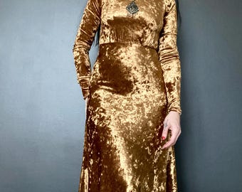 00's Maje golden crushed velvet maxi dress // Size XS