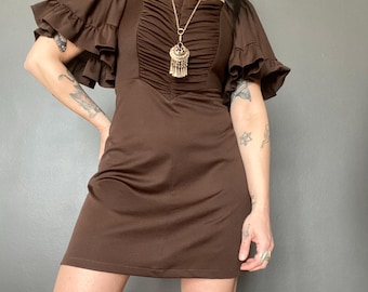 1970s dreamy brown flutter sleeve dress - Size XS