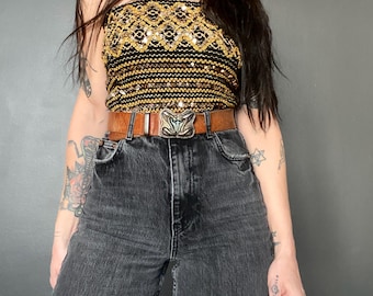 1980s Glam black & gold sequinned tube top bustier // Size M-L