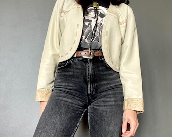 1990s creamy white cropped leather western jacket // Size M