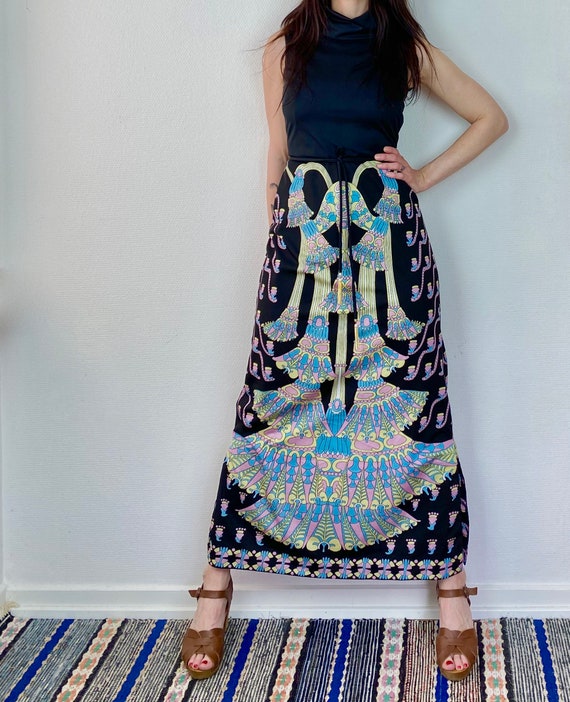 1970s Art deco print maxi dress - Size S M