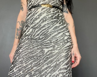 1970s Silver metallic zebra print maxi dress // Size XS