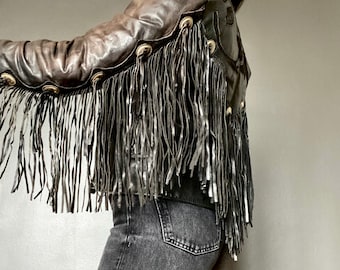1990s fringed leather rose inlay biker jacket // Size xxs-xs