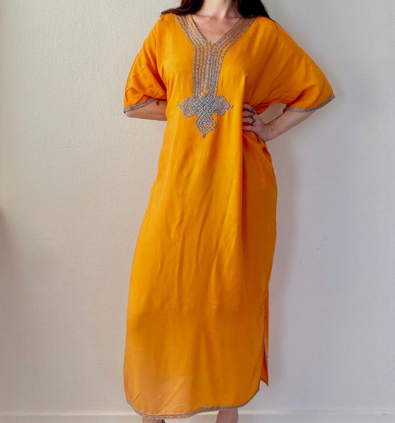 1970s embroidered orange Moroccan kaftan dress - F