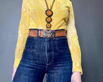 1970s yellow psychedelic print shirt // Size XS