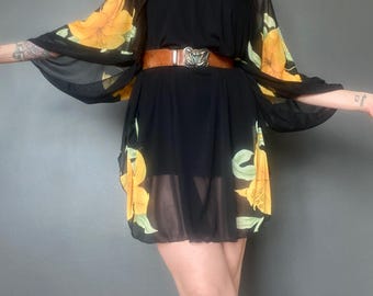 1970s Floral sheer cape dress // Free size