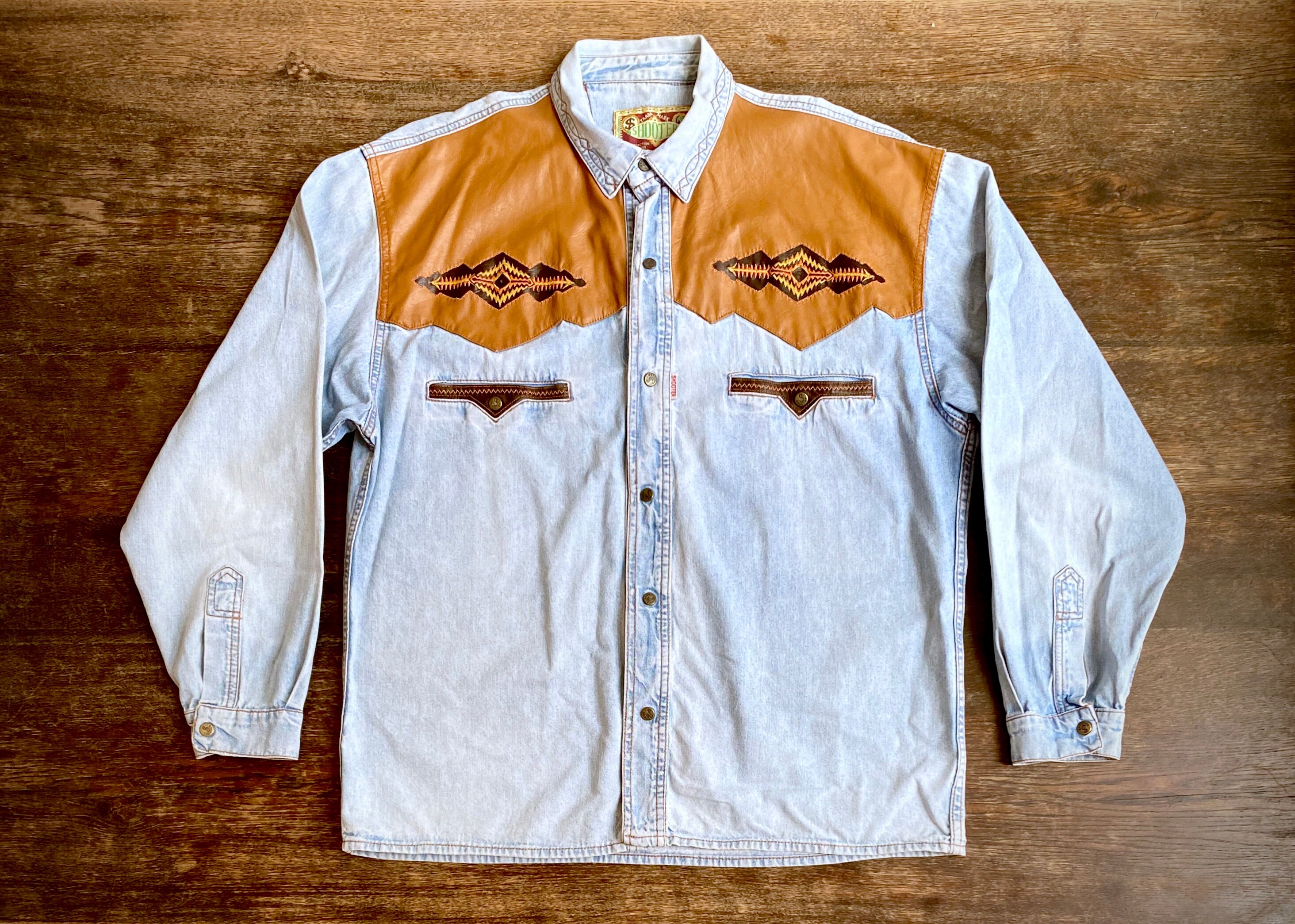 1980s Shooter denim & faux leather western shirt Size L