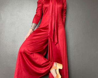 1970s red pussy bow disco flared jumpsuit // Size M