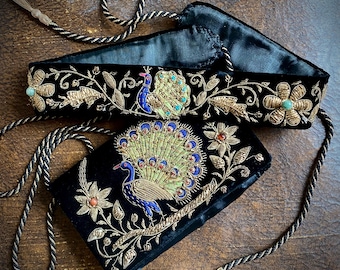 1970s Zardosi black velvet Peacock gold metallic embroidered purse and matching belt set