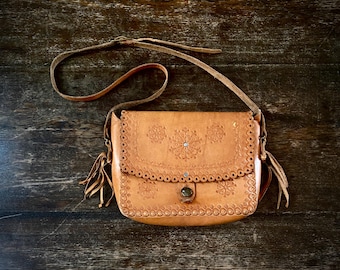 1970s tooled leather satchel bag.