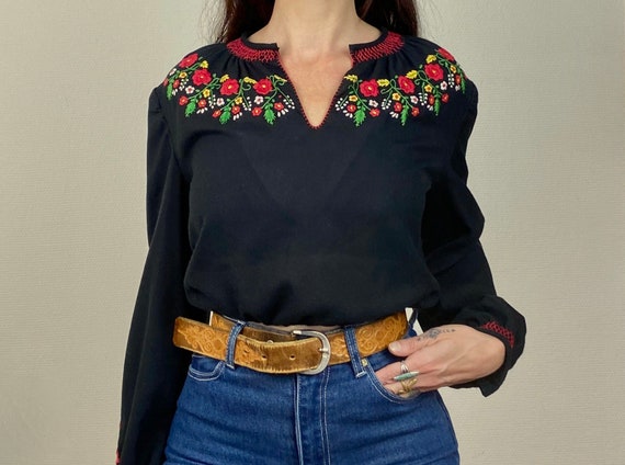1970s black Hungarian embroidered peasant blouse -