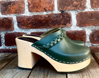 Boho groene leren platform klompsandalen // maat 36 Euro - 5 US