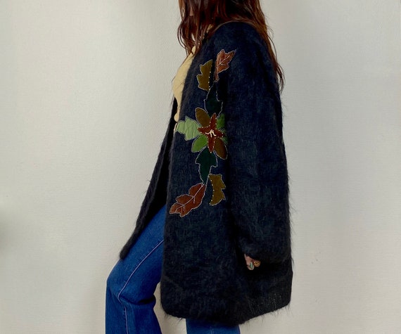 1980s Velvet leaf appliqué mohair knit coat - Size