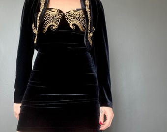1980s black stretchy velvet dress & matching bolero with gold embroidery // Size XS-S