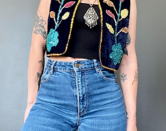 1970s Embellished black velvet vest // Size S-M
