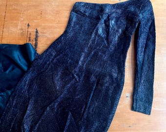 1980s black silver lurex velvet one shoulder maxi dress // Size XXS - XS