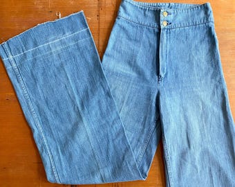 1970s KELA super high rise flared blue denim jeans // Size XXS