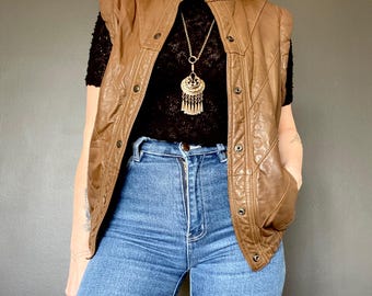 1980s Black oversize boxy leather vest // Size XS-S