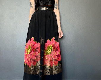 1970s Black and pink silk maxi skirt with gold embroidery // Size M