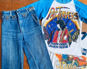 1970s Puss & Kram high rise blue denim flared jeans // Size XXS