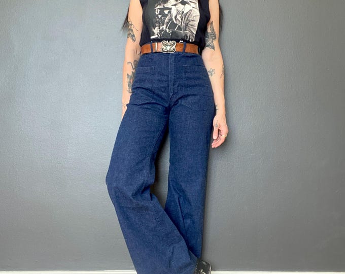 Featured listing image: 1970s High rise blue denim flared sailor jeans // Size M-L