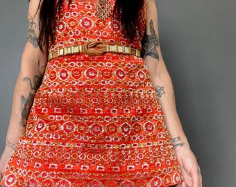 1970s Orange, gold & silver metallic mini dress // Size XS