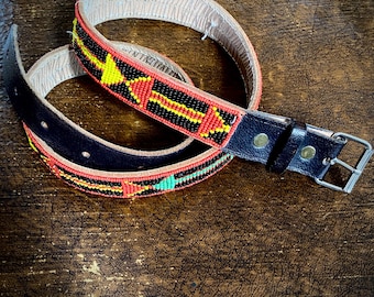 1970s Beaded southwest leather belt // Size L