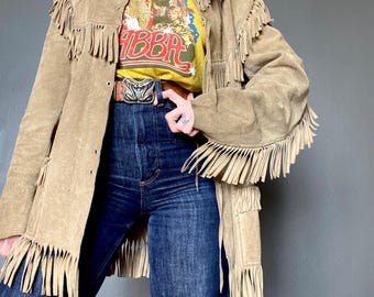 1970s fringed beige brown suede western jacket // Size M-L