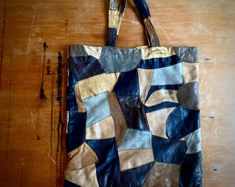 1970s brown & black leather patchwork tote bag