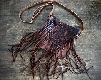 1970s braided macrame leather bag.