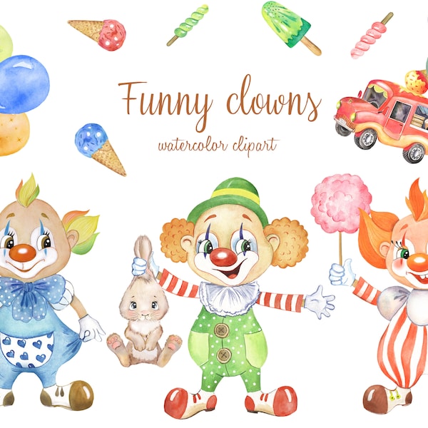 Clipart aquarelle de clowns drôles. Circus clipart, clowns png, clipart de crème glacée, téléchargement numérique png