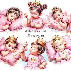小さな女の子のプリンセスのクリップアート、水彩画風、女の赤ちゃんのPNG、赤ちゃんのPNGプリント、デジタルダウンロード